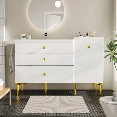Obrázek produktu pro Podumyvadlová skříňka s keramickým umyvadlem, rozměry 120x47,5x80 cm, bílý nábytek do koupelny vyrobený z MDF a kovu, s zásuvkami, skříňkou a zlatými úchytkami