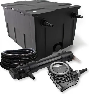 Immagine prodotto di Set completo SunSun: filtro per laghetti CBF-550 fino a 60000 L come filtro a flusso continuo, pompa per laghetti NEO10000 SuperECO 10000l/h 80W, chiarificatore per laghetti CUV-636 con chiarificatore UVC da 36W, tubo per laghetti da 25m 25mm