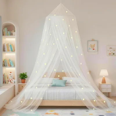 Immagine prodotto di Tenda a baldacchino con stelle luminose, bianca, zanzariera, 1 pezzo, per camerette