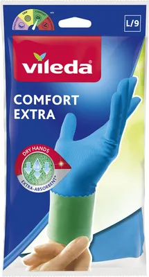 Packaging for Vileda Comfort Extra gloves, showing a hand wearing a blue glove with a green cuff.