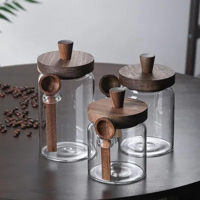 Produktbild von Glasdose mit Holzdeckel & Löffel, Lebensmittelaufbewahrungsbehälter Kaffeedose Kaffeebohnenbehälter, Glas Lebensmittelaufbewahrungsdose (3er Pack)