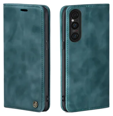 A teal flip case for a Sony Xperia 1 V phone, shown from two angles.