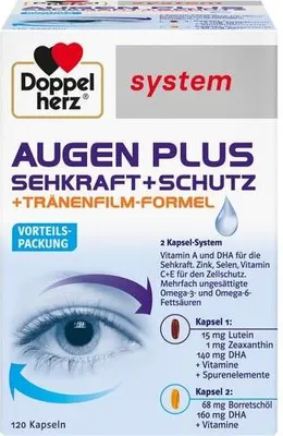 A product box for eye supplements, featuring an illustration of an eye and detailed information about the product's contents.