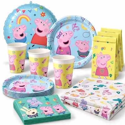 Produktbild von Party Set Peppa Wutz, 46-teiliges Einweggeschirr für Kindergeburtstag und Mottoparty, Tischdeko Peppa Pig