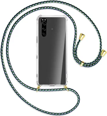 Produktbild von Handykette Backcover-Schutzhülle mit Band (Metall goldfarben) für Sony Xperia 5 III (XQBQ62G) - grün/blau/weiß
