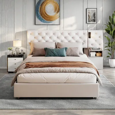 Zdjęcie produktu dla Białe łóżko tapicerowane 140x200 cm z podnośnikiem gazowym, podwójnymi stolikami nocnymi i lampkami nocnymi, aksamitna tkanina, nowoczesne przechowywanie i komfort