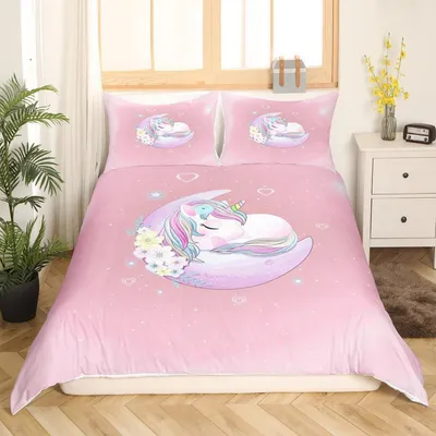Zdjęcie produktu dla Komplet pościeli dla dziewczynki, motyw jednorożec, 155x220 cm, różowy, z motywem kwiatów, księżyca, 2-częściowy, z zamkiem błyskawicznym