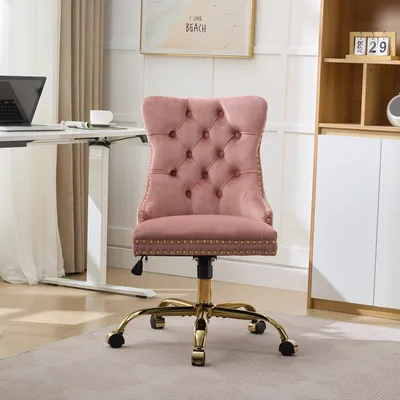 Produktbild von Samt Bürostuhl Drehbar Höhenverstellbar Schreibtischstuhl Goldene Beine Chefsessel mit Steppung Rosa