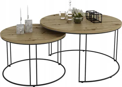 Zdjęcie produktu dla Zestaw Okrągłych Stolików Kawowych 2w1 Salon Loft Czarny+Dąb Artisan