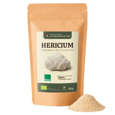 Produktbild von Hericium Löwenmähne Lions Mane 125 g Fruchtkörperpulver, deutscher  Anbau
