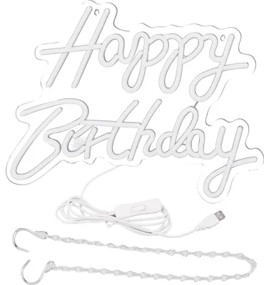 Image de Lettre « Joyeux anniversaire », lumières LED, enseigne romantique au néon, décoration acrylique pour bar de fête, blanc froid