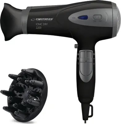 A black hairdryer and a diffuser attachment are shown against a white background.