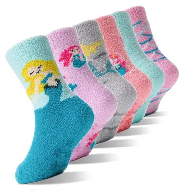 Produktbild von Stoppersocken Kinder Kuschelsocken Mädchen Dicke Warme Anti Rutsch Wintersocken Flauschige Bettsocken Haussocken 6 Paare Meerjungfrau 22-26