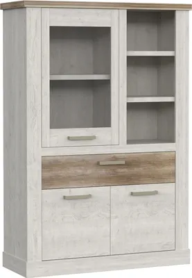 Produktbild von Highboard "Duro" aus Holzwerkstoff in Pinia Weiss kombiniert mit Eiche Antik mit 2 Türen und 3 Einlegeböden. Abmessungen (BxHxT) 109,8x160,3x41,5 cm