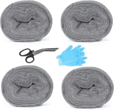 Produktbild von Stahlwolle 000 - 4x (46 m/jede) - Feine Lalago Stahlwolle - Mäuseschutz - Eisenstroh - 000 Glaswolle - Gratis Handschuhe und Schere