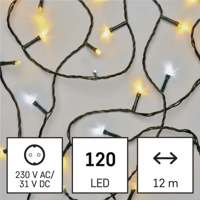 LED vánoční řetěz blikající, 12 m, venkovní i vnitřní, teplá/studená bílá, časovač