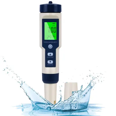 Immagine prodotto di Misuratore di pH, dispositivo 5-in-1 per l'analisi della qualità dell'acqua: pH, TDS, conducibilità elettrica (EC), contenuto di sale e temperatura, display LCD retroilluminato