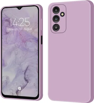 A product image showing a phone case for a Samsung Galaxy A14 5G in purple, displayed from the front and back.