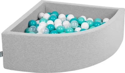 Zdjęcie produktu dla KiddyMoon suchy basen trójkątny z piłeczkami 7cm jasnoszary: jasny turkus-biały-transparent-turkus 90x30cm/300piłek zabawka basen piankowy