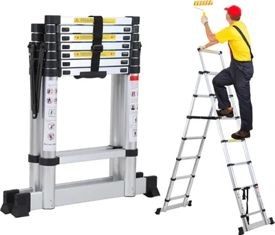 Zdjęcie produktu dla Aluminiowa drabina teleskopowa Bettizia Premium Drabina wysuwana Drabina składana Wysokość 2.3M Srebrna Antypoślizgowa drabina wielofunkcyjna