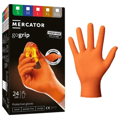 Immagine prodotto di Set-kit guanti monouso in nitrile, extra resistenti, no polvere, no lattice, per meccanici, tatuatori, ristorazione, da lavoro professionali, arancioni taglia M, Premium Mercator GoGrip One by 100 pezzi