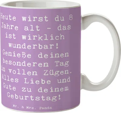 Produktbild von Mr. & Mrs. Panda Kaffeebecher Spruch 8. Geburtstag Feier - Lavendeltraum - Geschenk, 8 Jahre alt, Happy Birthday, Kaffeetasse, Geburtstagsglückwünsche, Alter, Tasse mit