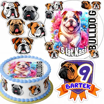 Zdjęcie produktu dla Zestaw Opłatek Na Tort 20Cm + 16 Postaci - Psy Bulldog + Imię 15Cm 18Cm