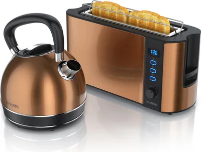 Produktbild von Arendo Frühstücks-Set, Wasserkocher Edelstahl 1,7l, 2 Scheiben Langschlitztoaster, Toaster 2 Scheiben, Frühstücksset, Wasserkocher Retro, 2200W, Brötchenaufsatz, kupfer