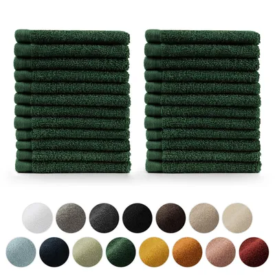 Two stacks of dark green towels are shown above a row of circular color swatches representing different towel colors.