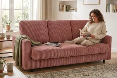 Produktbild von Schlafsofa ALICJA B Idylla – mit Schlaffunktion, Cordstoff in Rosa, Family Meble, KI-generiertes Bild