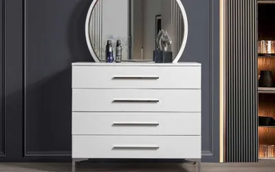 Produktbild von Viertürige Weiße Schlafzimmer Kommode Designer Glas Rundspiegel 2tlg Set