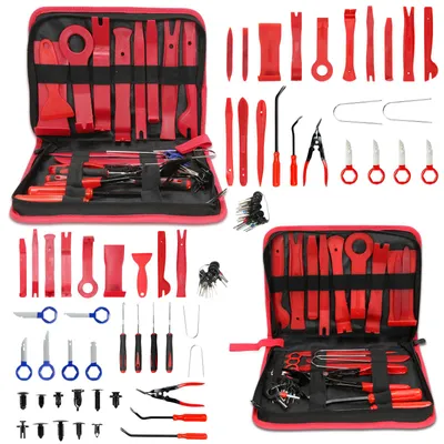 Image de Peviasot : Ensemble d'outils de 48 pièces pour l'enlèvement des garnitures intérieures, comprenant des leviers, des outils pour retirer les clips, et un sac zippé pour le rangement. Idéal pour le démontage des éléments de l'habitacle, notamment la radio