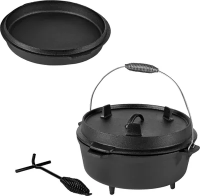 Produktbild von Mucola Dutch Oven inkl. Deckelheber Potjie BBQ Gusseisen Feuertopf Schmortopf  für Lagerfeuer Camping Grill Bräter - 30 x 16,5 cm