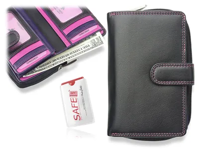 Image de Portefeuille en cuir pour femmes Visconti, noir et violet, avec protection RFID, dimensions : 15 x 9 cm