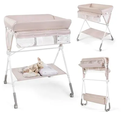 Produktbild von 3-in-1 Wickeltisch klappbar, mobile Wickelkommode mit Rollen, höhenverstellbare Wickelstation mit Mülleimer und Aufbewahrungskorb, tragbare Wickelauflage bis 11 kg