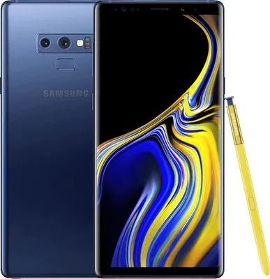 A blue Samsung Galaxy Note 9 smartphone with a yellow stylus.