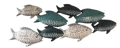 Produktbild von Wandskulptur Fischschwarm Wanddeko Wandobjekt Fische Maritim Metall creme-blau 48 cm