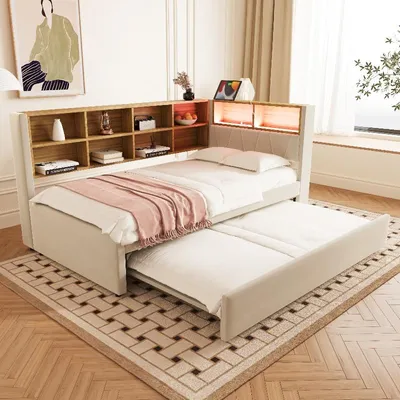 Immagine prodotto di Divano letto 90x200 cm con letto estraibile 90x190 cm, rivestito in flanella color beige, con illuminazione LED, porta USB di tipo C e presa di corrente, dotato di vani portaoggetti