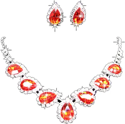 Produktbild von Abschlussball, Hochzeit, Brautkristall-Strass-Wassertropfen-Halsketten-Ohrring-Schmuckset-Rot