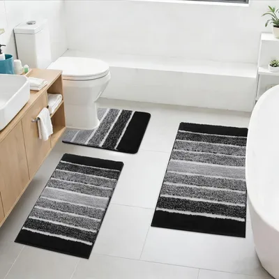 Produktbild von Badezimmerteppich Set 3 Teilig Rutschfest Wasserabsorbierend Waschbar Schwarz 40x60+50x80+50x60cm