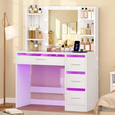 Immagine prodotto di Comò da trucco con specchio e illuminazione RGB, 4 cassetti, 4 ripiani, 5 ganci, colore bianco