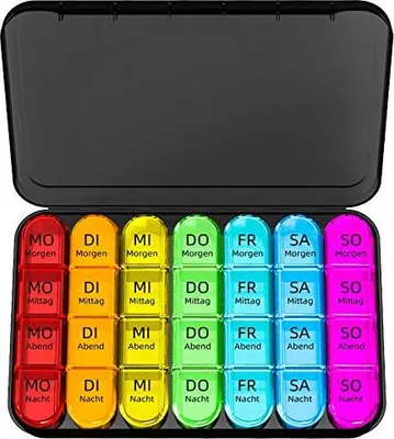 Produktbild von Tablettenbox 7 Tage Morgens Mittags Abends, Klein Pillendose Große Fächer, Medikamentenbox 4 fächer mit Einfachem Offenem Design für Unterwegs -