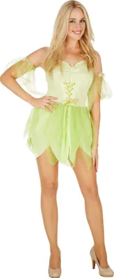A woman is posing in a fairy costume against a white background.