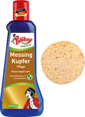 Produktbild von Poliboy Messing Kupfer Pflege - 200ml - Glanzpolitur gegen Anlaufstellen - Messingputzmittel mit Carnaubawachs - Mit Schwamm - 99A5601
