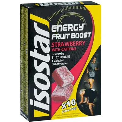 Zdjęcie produktu dla Isostar Energy Fruit Boost, Truskawka, Kofeina, Węglowodany, 10 szt., 100 g, Tiamina, Witamina B2, Vitamin B3 (niacin), Vitamin B5 (pantothenic acid), Witamina B6, Sodowy