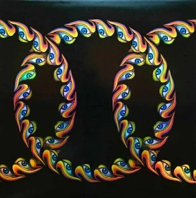 An abstract, psychedelic pattern of stylized eyes forming a chain-like structure against a black background.