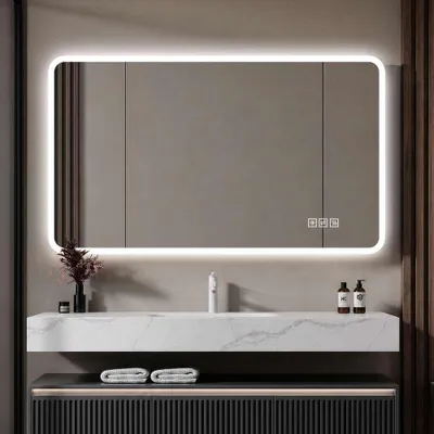 Produktbild von LED Badezimmerspiegel 60x120 cm mit Milchglasrand – Frontbeleuchtung, Anti-Beschlag, 3 Lichtfarben, dimmbar, Memory-Funktion – IP44, horizontal & vertikal montierbar