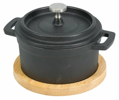 Productafbeelding van HowHomely | Serveerschaal - Tapasschaal - Tapasbord - van gietijzer - 10 x 8 cm - Serveerset met deksel en bamboe onderzetter - Praktisch