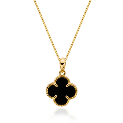 Produktbild von Halskette „Clover“ 925er Sterlingsilber – Kleeblatt-Anhänger, Gold & Schwarz (18mm), Glücksbringer