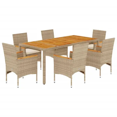 Produktbild von 7-tlg. Garten-Essgruppe mit Kissen Beige Poly Rattan Akazie
